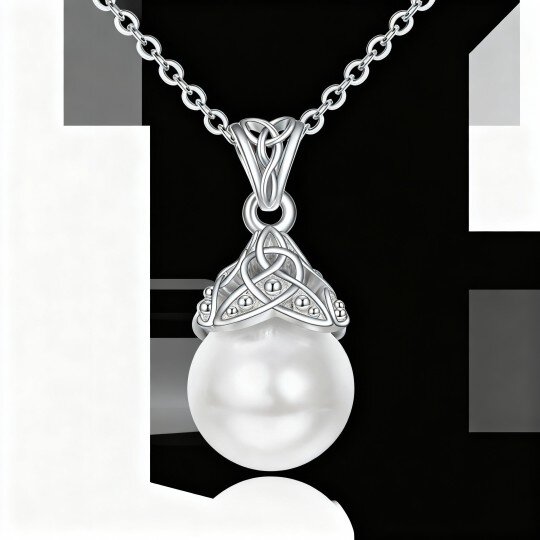 10K White Gold Round Cut Pearl Celtic Knot Pendant Necklace