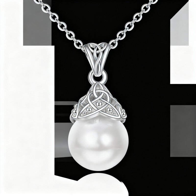 10K White Gold Round Cut Pearl Celtic Knot Pendant Necklace-14