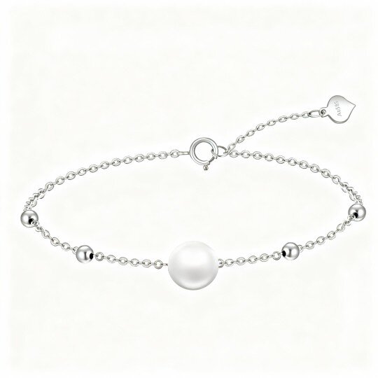Pulsera de oro blanco de 10 quilates con dije redondo de perla de corte redondo