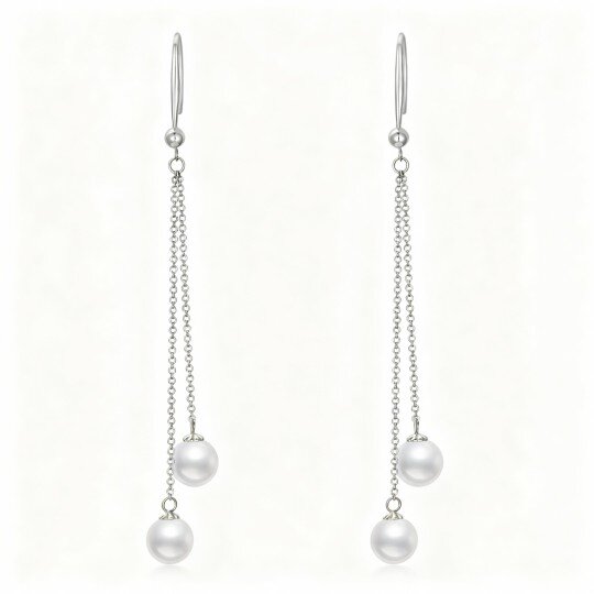 10K White Gold Round Cut Pearl Couple Drop Earrings