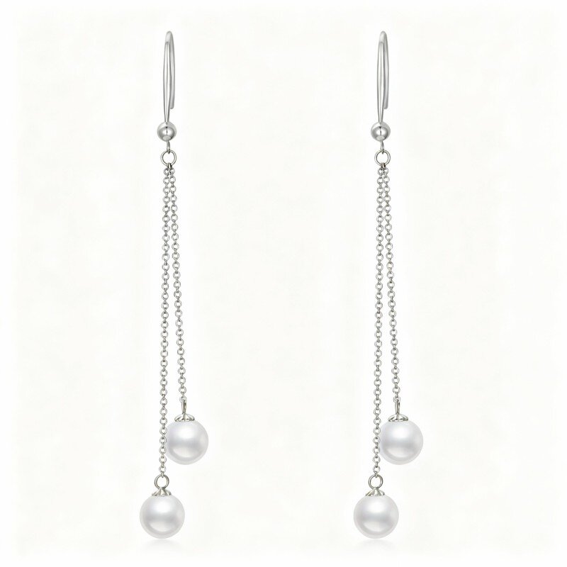10K White Gold Round Cut Pearl Couple Drop Earrings-11