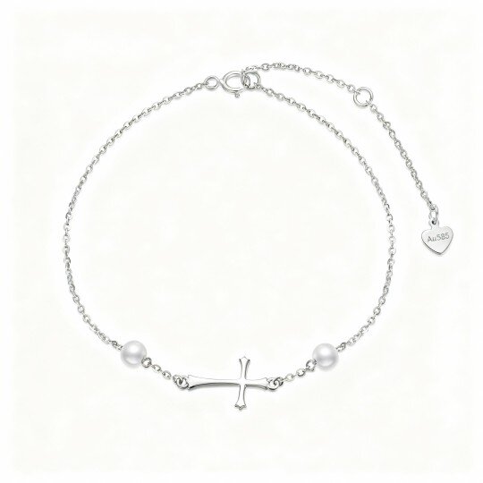 Bracciale con ciondolo a croce in oro bianco 10K con perle taglio rotondo