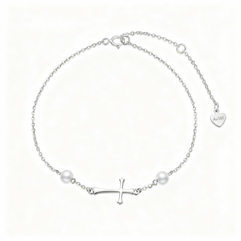 Pulseira com pendente de cruz em ouro branco 10K com pérola de corte redondo-6