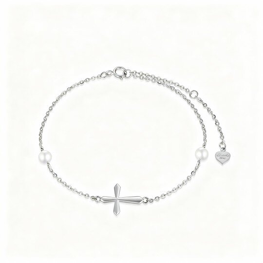 Bracciale con ciondolo a croce in oro bianco 10K con perle taglio rotondo