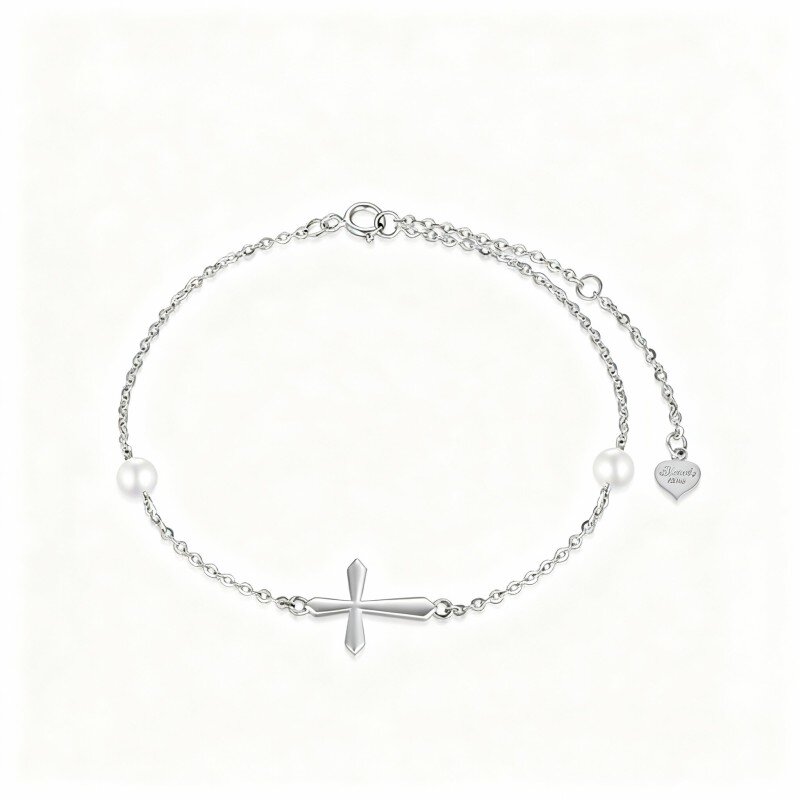 Pulseira com pendente cruz em ouro branco 10K com pérola de corte redondo-8
