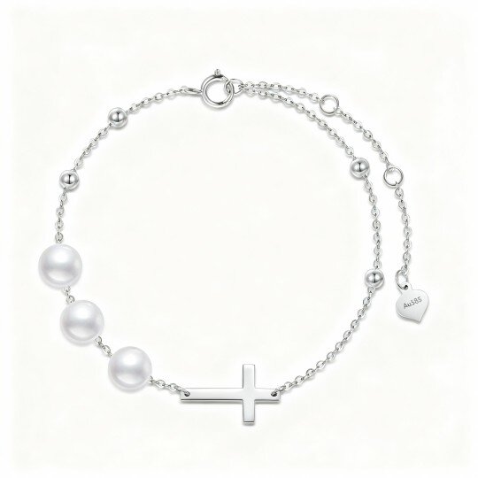 10K White Gold Round Cut Pearl Cross Charm Bracelet