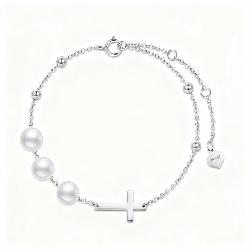 10K witgouden ronde geslepen parelkruisbedelarmband-1