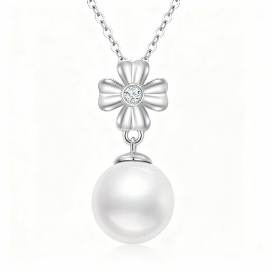 10K White Gold Round Cut Pearl Cross Pendant Necklace
