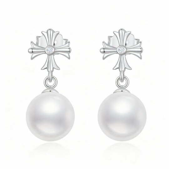 Brincos cruz com pérolas de corte redondo em ouro branco 10K