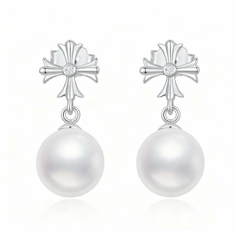 أقراط من الذهب الأبيض عيار 10 قيراط مرصعة باللؤلؤ بتصميم دائري-6