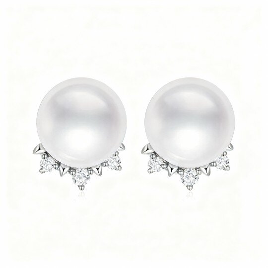 10K White Gold Round Cut Pearl Crown Stud Earrings