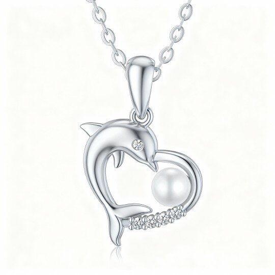 14K White Gold Round Cut Cubic Zirconia & Pearl Dolphin & Heart Pendant Necklace