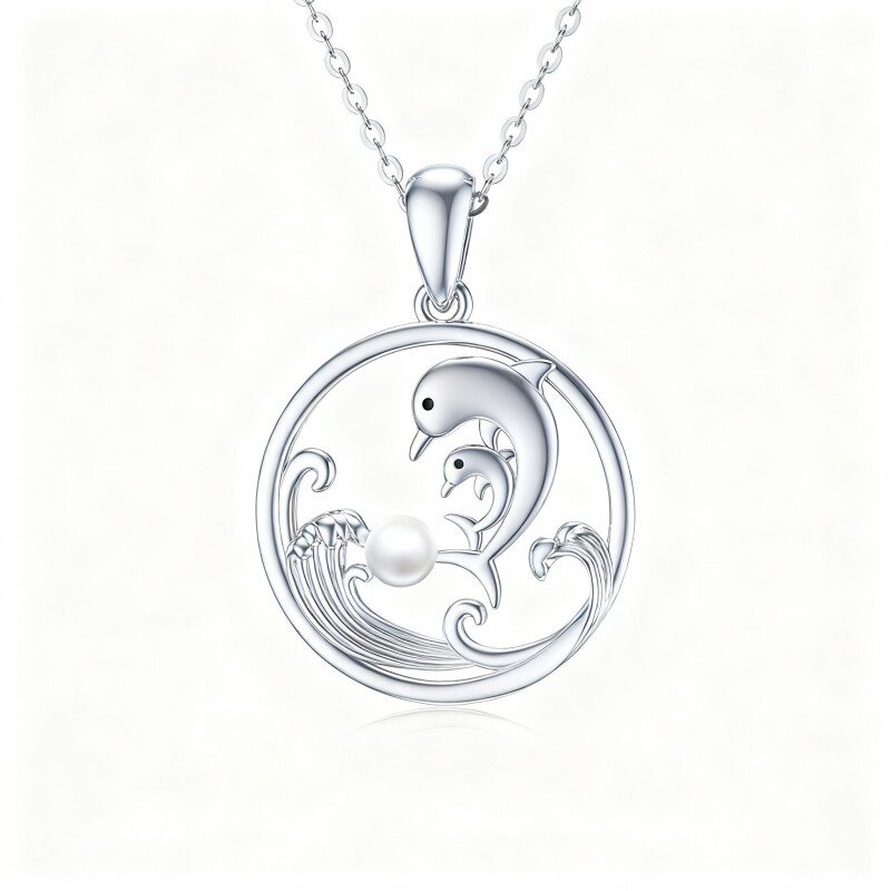 10K White Gold Round Cut Pearl Dolphin & Spray Pendant Necklace-2