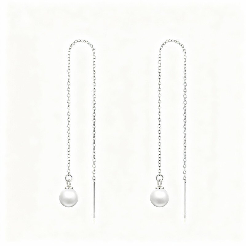 10K White Gold Round Cut Pearl Drop Earrings-17