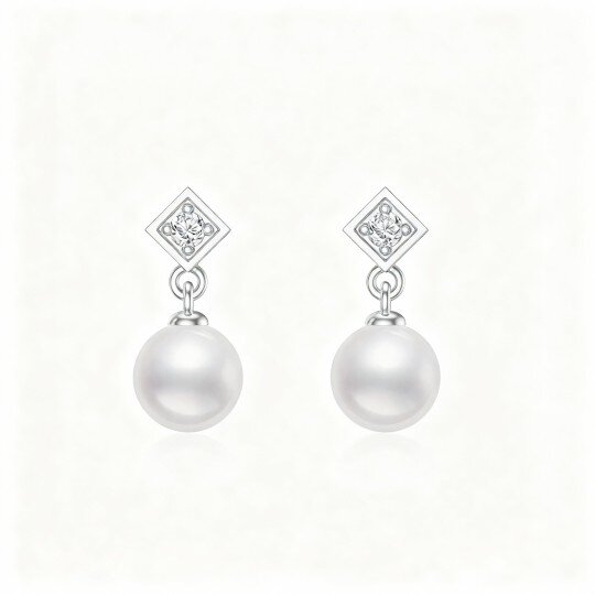 Brincos em ouro branco 10K com zircónia cúbica de corte redondo e pérola.
