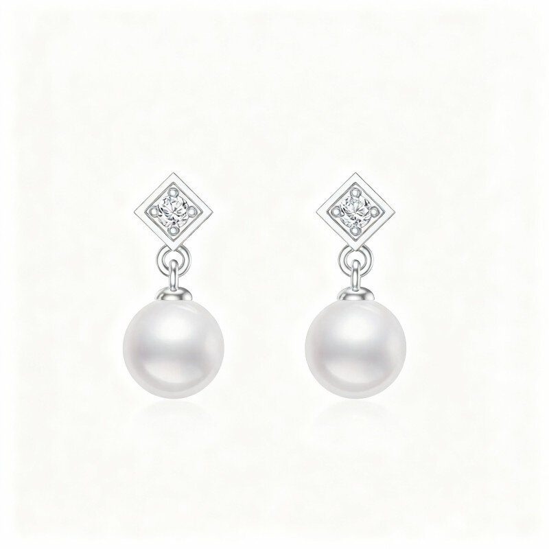 Orecchini pendenti in oro bianco 10K con zirconi cubici taglio rotondo e perle-1