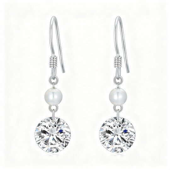 Brincos redondos de gota em ouro branco de 10 quilates com zircónia cúbica de corte redondo e pérola.