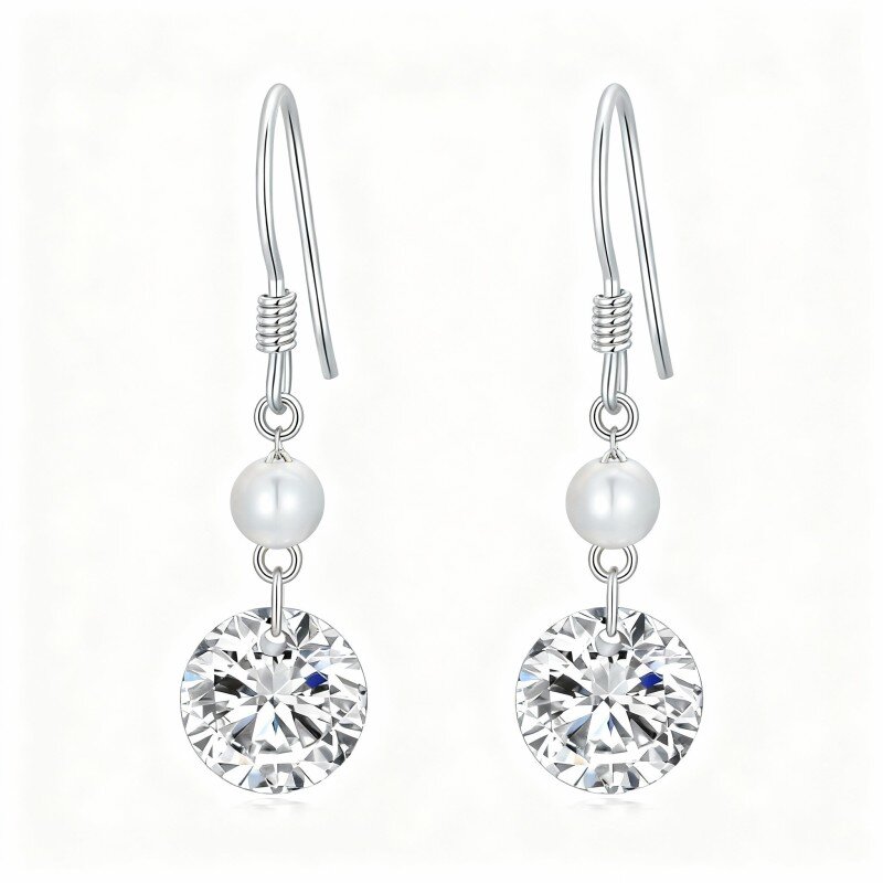 Orecchini pendenti rotondi in oro bianco 10K con zirconi cubici taglio rotondo e perle-10
