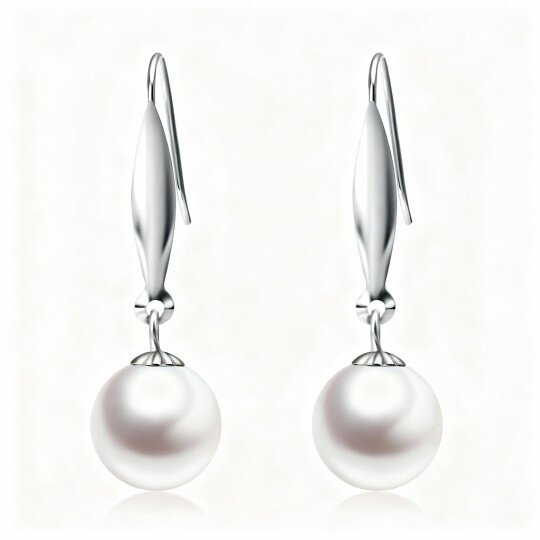 10K White Gold Round Cut Pearl Drop Earrings