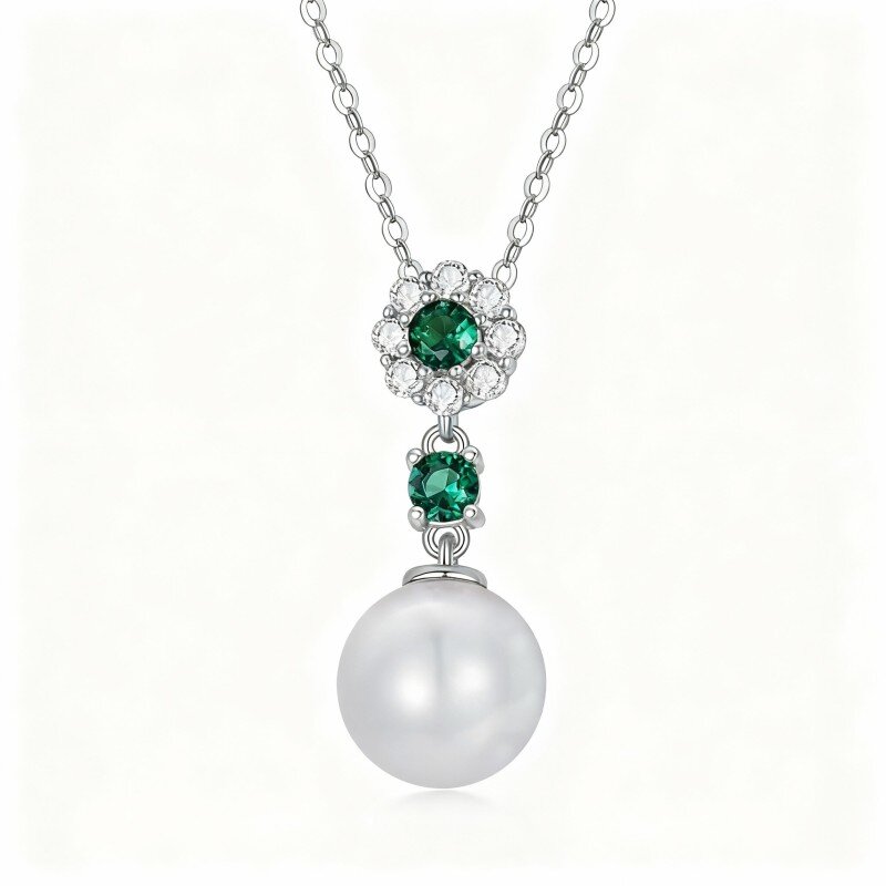 Collana con ciondolo rotondo in oro bianco 10K con perla taglio rotondo e smeraldo-16