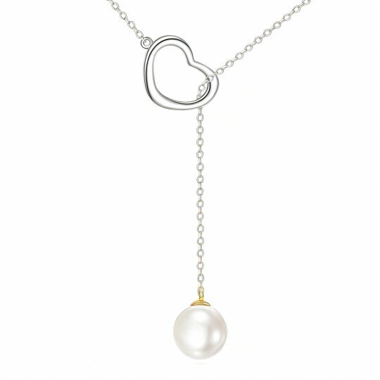10K White Gold Round Cut Pearl Heart Adjustable Y Necklace