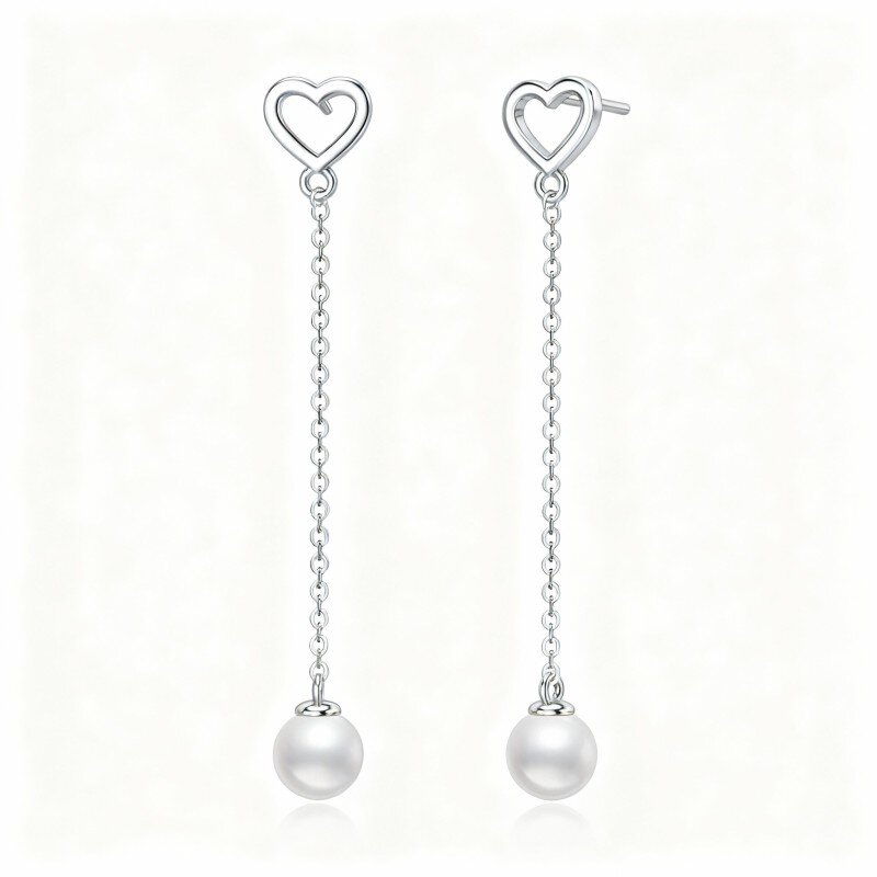 10K White Gold Round Cut Pearl Heart Drop Earrings-9