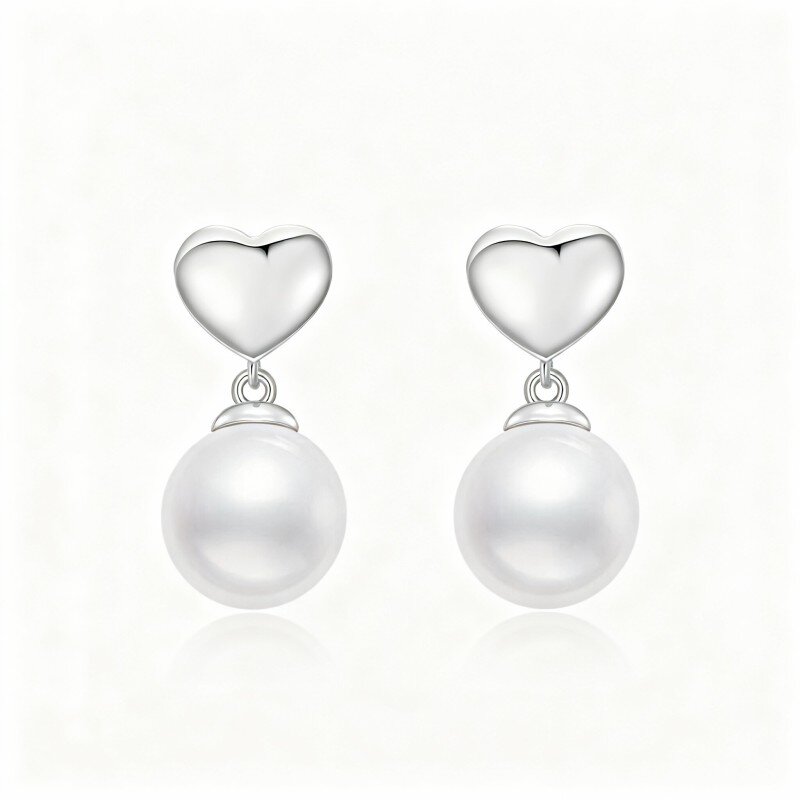 10K White Gold Round Cut Pearl Heart Drop Earrings-2