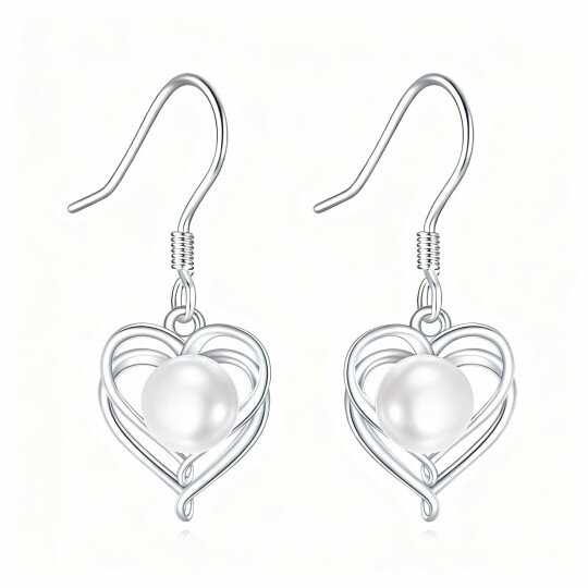 10K White Gold Round Cut Pearl Heart Drop Earrings