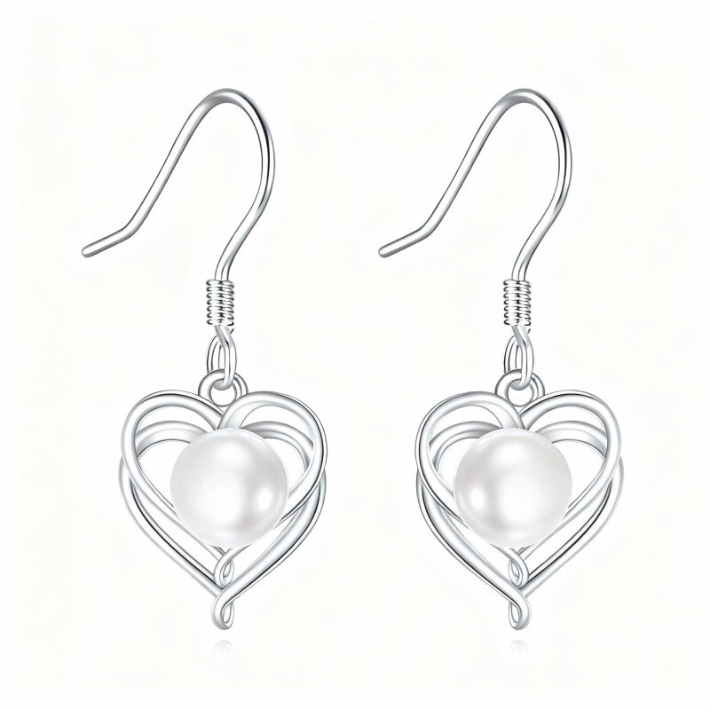10K White Gold Round Cut Pearl Heart Drop Earrings-1