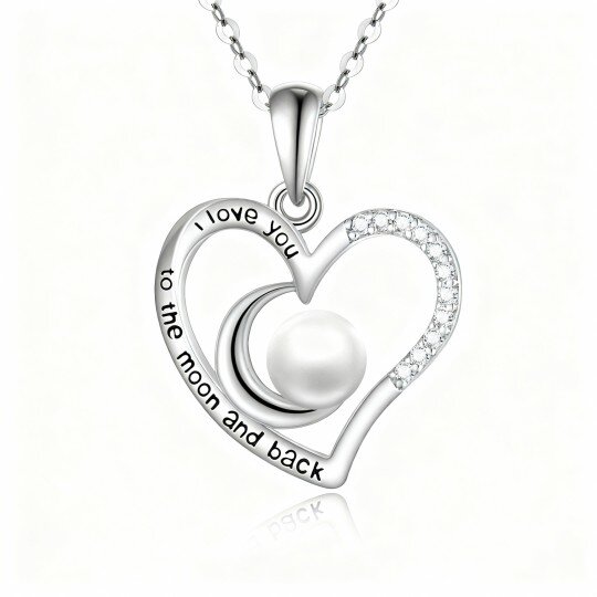 10K White Gold Round Cut Pearl Heart & Moon Pendant Necklace with Engraved Word