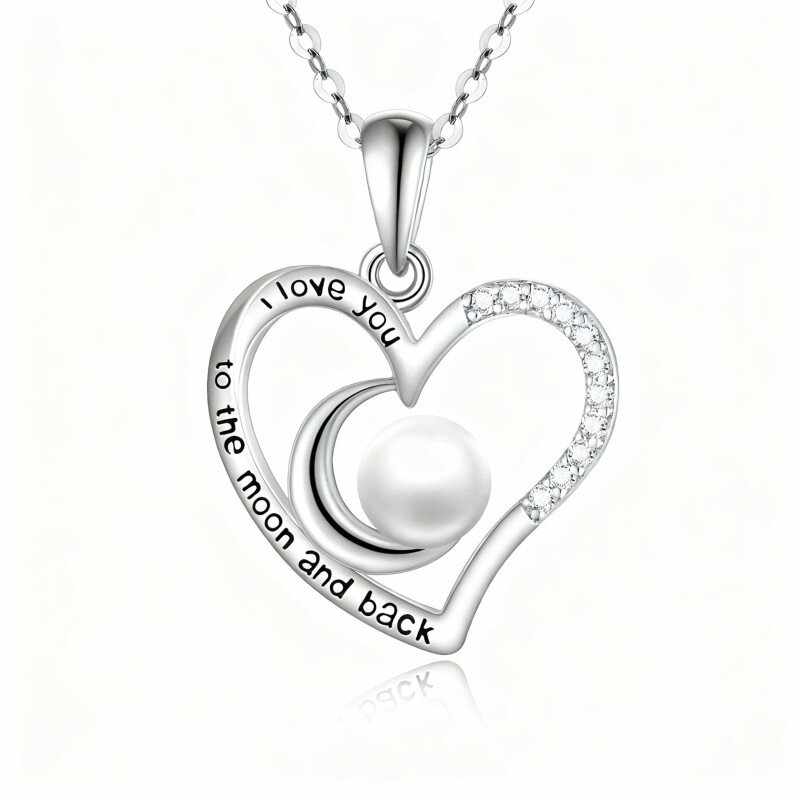 10K White Gold Round Cut Pearl Heart & Moon Pendant Necklace with Engraved Word-6