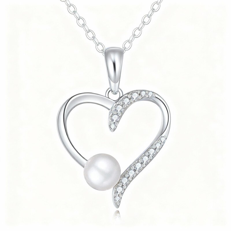 10K White Gold Round Cut Cubic Zirconia & Pearl Heart Pendant Necklace-5