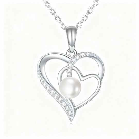 10K White Gold Round Cut Cubic Zirconia & Pearl Heart With Heart Pendant Necklace