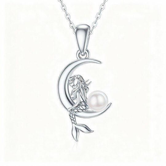 10K White Gold Round Cut Pearl Mermaid & Moon Pendant Necklace