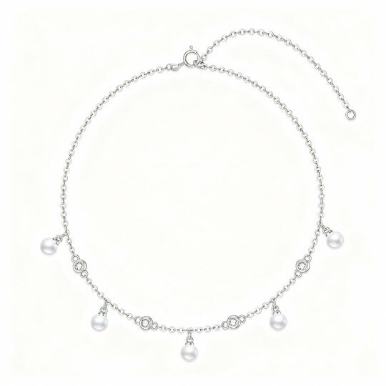 10K White Gold Round Cut Cubic Zirconia & Pearl Metal Choker Necklace