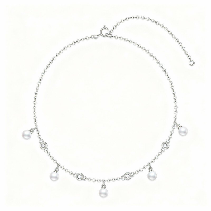 10K White Gold Round Cut Cubic Zirconia & Pearl Metal Choker Necklace-1