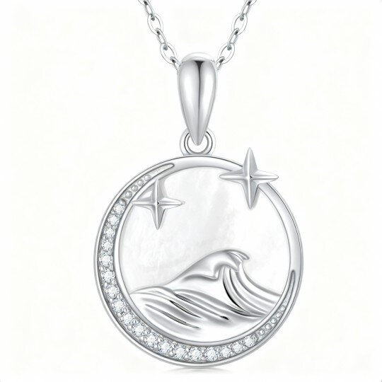 10K White Gold Round Cut Pearl Moon & Spray Pendant Necklace