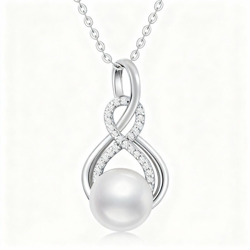 10K White Gold Round Cut Pearl Mother Pendant Necklace-8