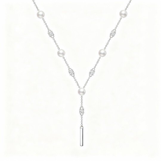 9K White Gold Round Cut Cubic Zirconia & Pearl Non-adjustable Y-Necklace
