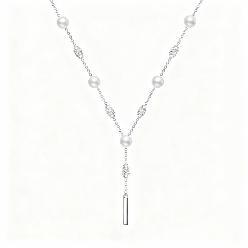 9K White Gold Round Cut Cubic Zirconia & Pearl Non-adjustable Y-Necklace-5