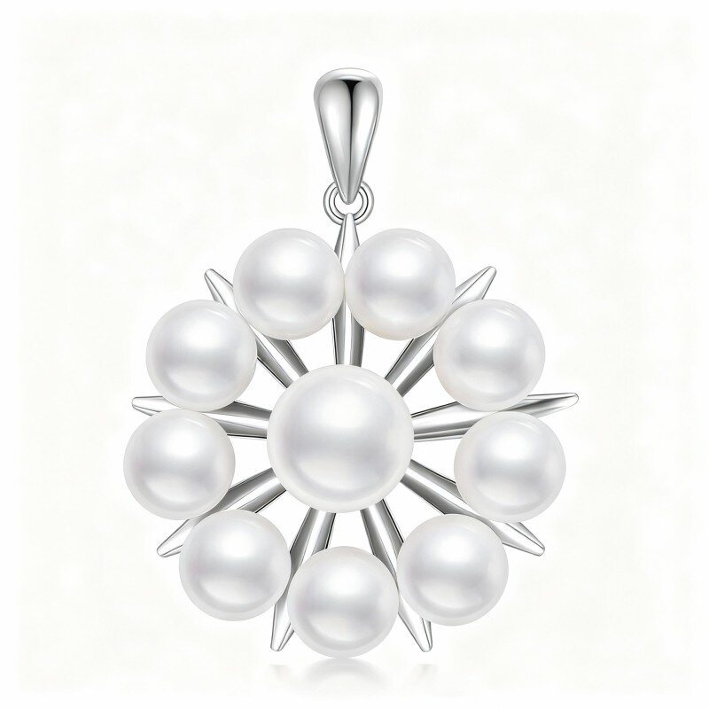 10K White Gold Round Cut Pearl Pendant Charms-5