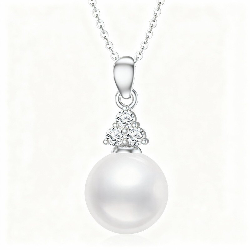 Collar con colgante redondo de perla tallada en oro blanco de 10 quilates-12