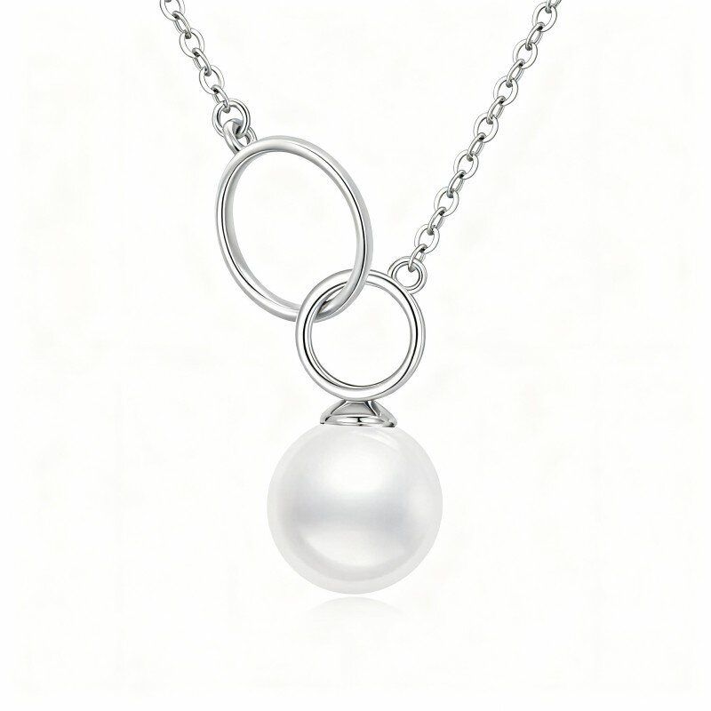 Collana con ciondolo rotondo in oro bianco 10K con perla taglio rotondo-6