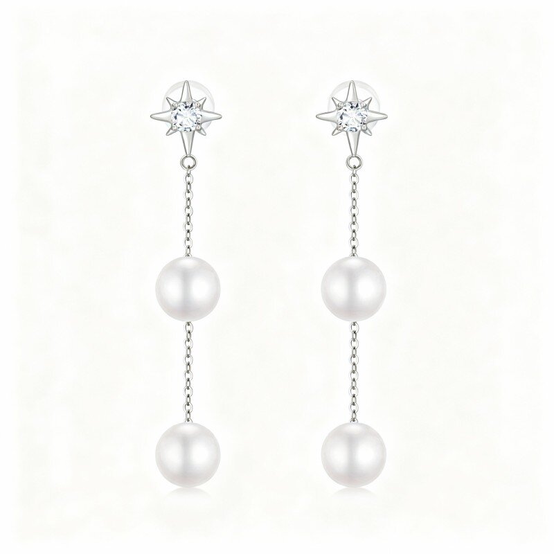 Orecchini pendenti pendenti in oro bianco 10K con zirconi cubici taglio rotondo e perle-12