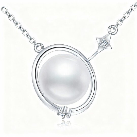 Collar con colgante de planeta en oro blanco de 10 quilates con circonita cúbica de corte redondo y perla