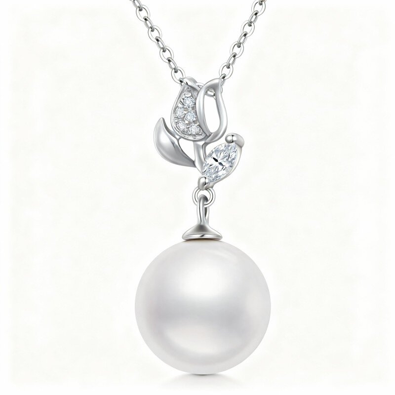 10K White Gold Round Cut Pearl Rose Pendant Necklace-1