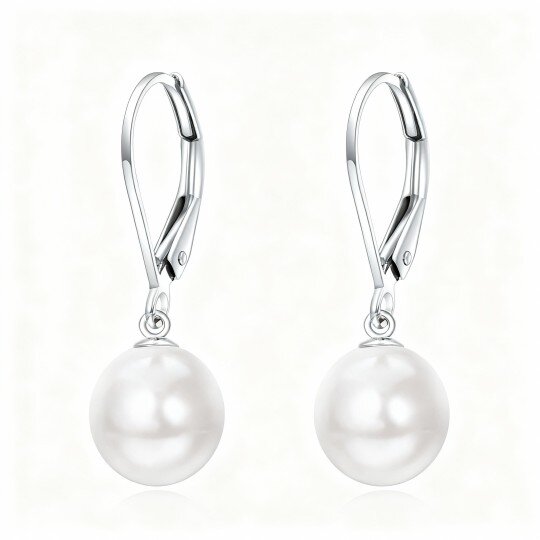 10K White Gold Round Cut Pearl Spherical Drop Earrings
