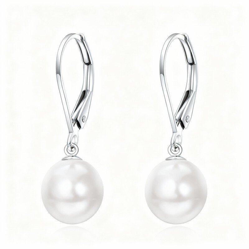 10K White Gold Round Cut Pearl Spherical Drop Earrings-1