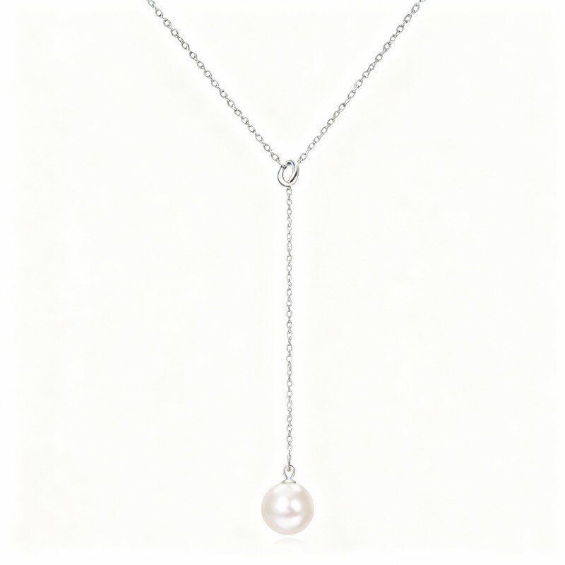 10K White Gold Round Cut Pearl Spherical Non-adjustable Y-Necklace-2