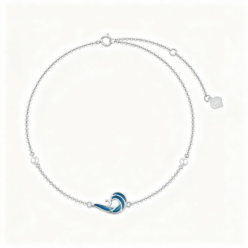 10K White Gold Round Cut Pearl Spray Single Layer Charm Anklet-5